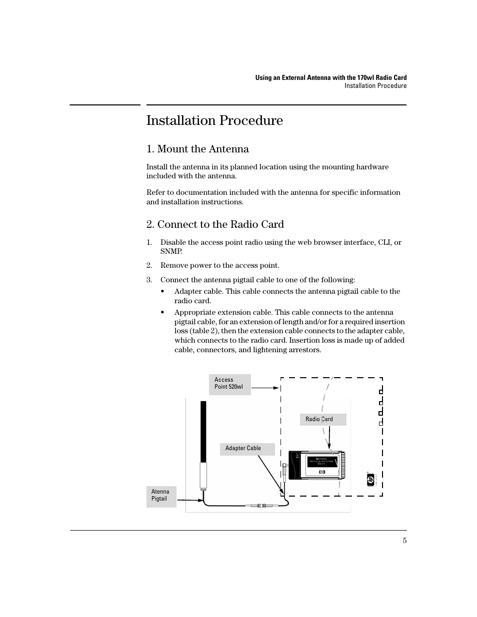 Installation procedure, Mount the antenna, Connect to the radio card | HP ProCurve 802.11g Access Point Card 170wl Series User Manual | Page 7 / 14