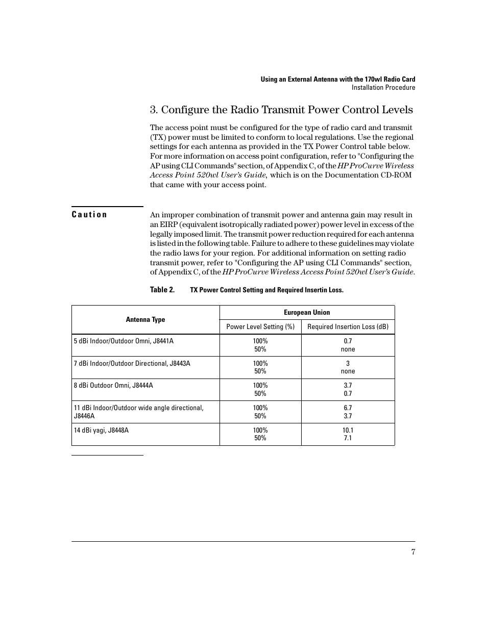 Configure the radio transmit power control levels | HP ProCurve 802.11g Access Point Card 170wl Series User Manual | Page 9 / 14