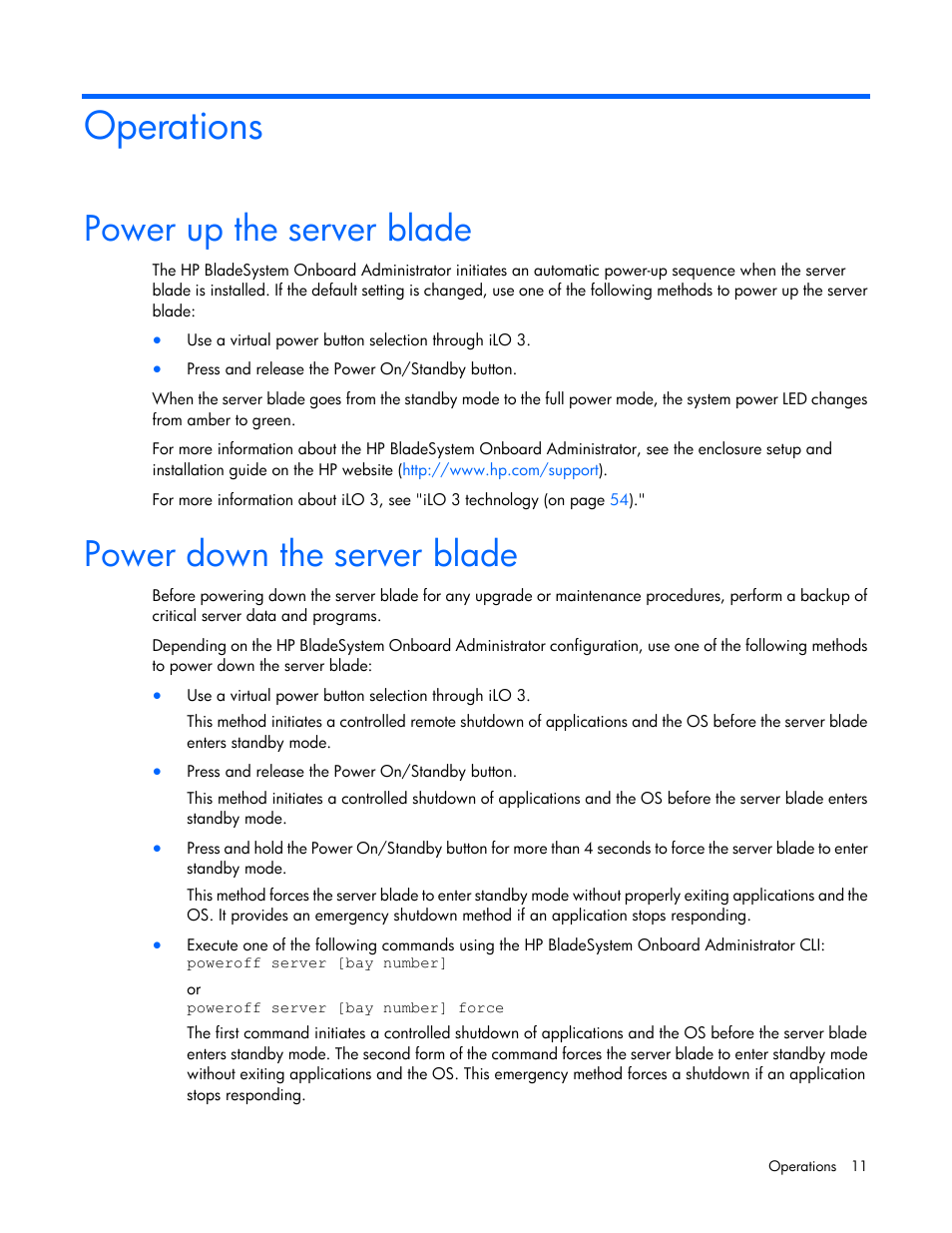 Operations, Power up the server blade, Power down the server blade | HP ProLiant BL490c G7 Server-Blade User Manual | Page 11 / 94