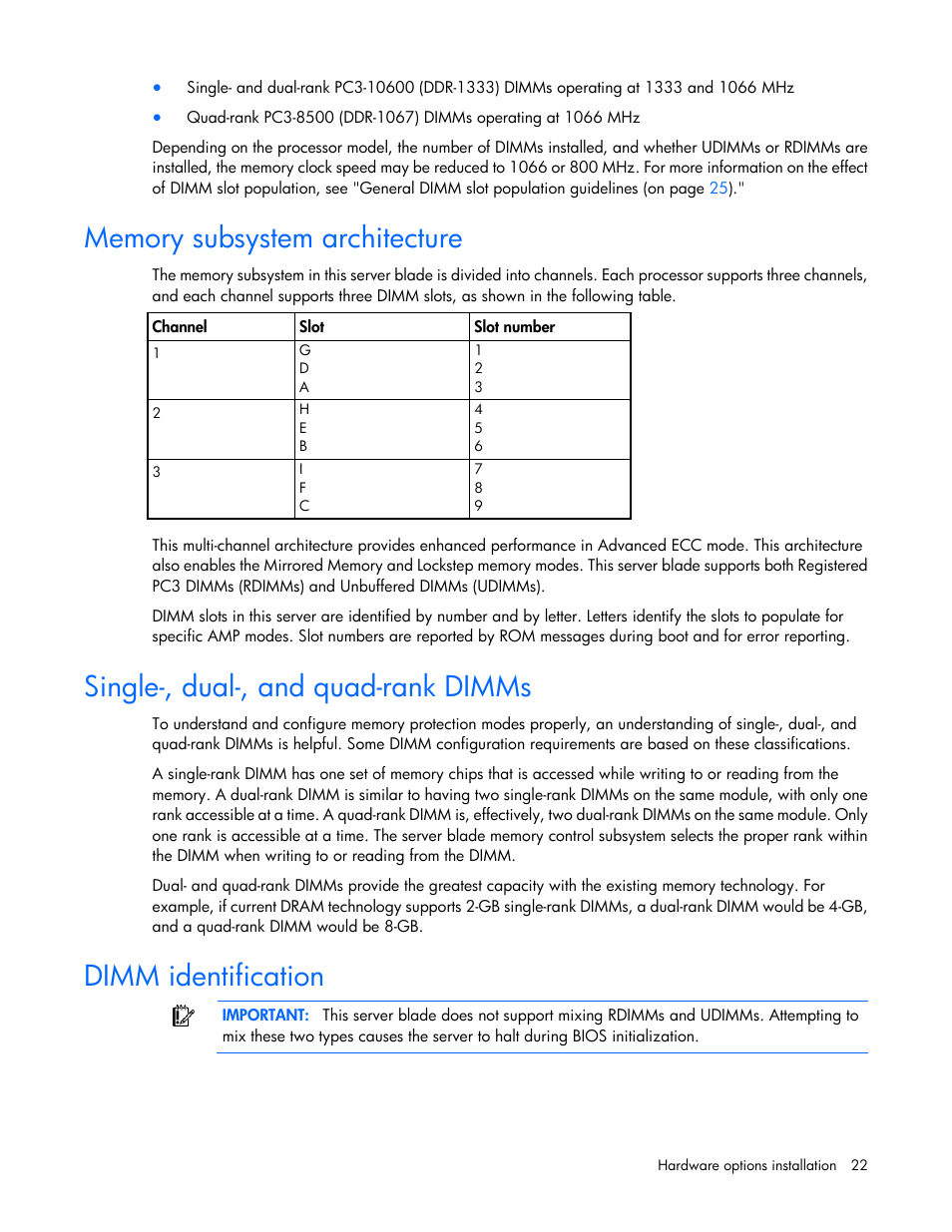 Memory subsystem architecture, Single-, dual-, and quad-rank dimms, Dimm identification | HP ProLiant BL490c G7 Server-Blade User Manual | Page 22 / 94