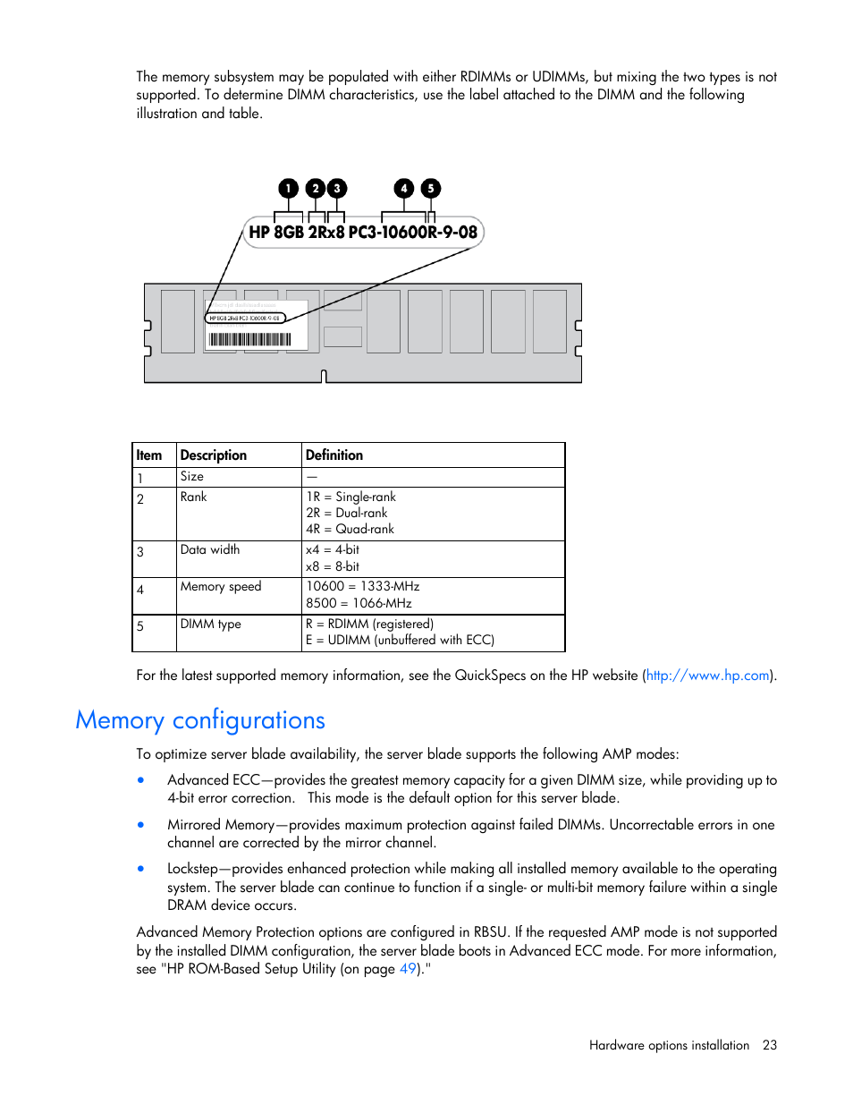 Memory configurations | HP ProLiant BL490c G7 Server-Blade User Manual | Page 23 / 94