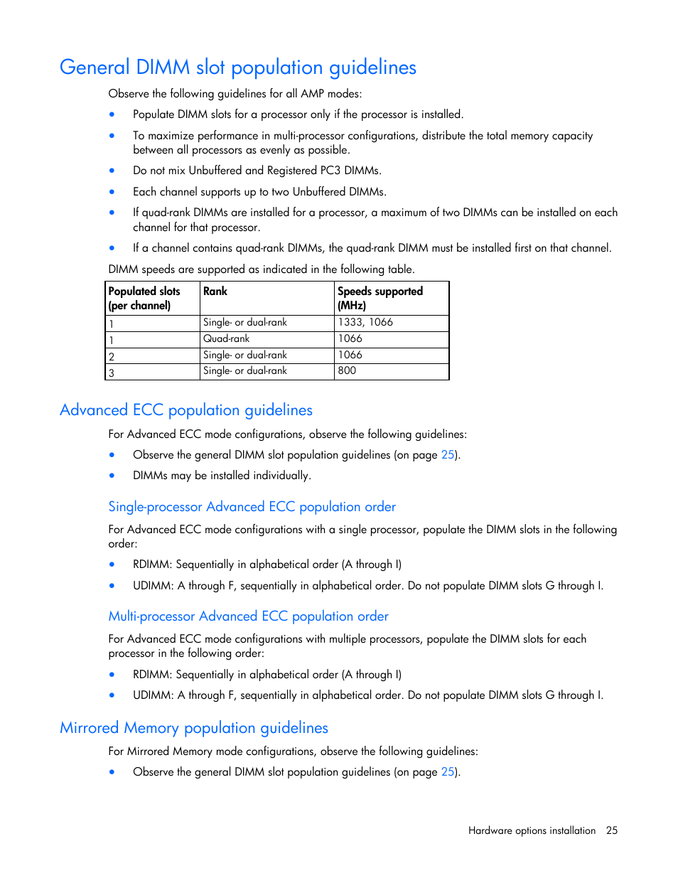 General dimm slot population guidelines, Advanced ecc population guidelines, Single-processor advanced ecc population order | Multi-processor advanced ecc population order, Mirrored memory population guidelines | HP ProLiant BL490c G7 Server-Blade User Manual | Page 25 / 94