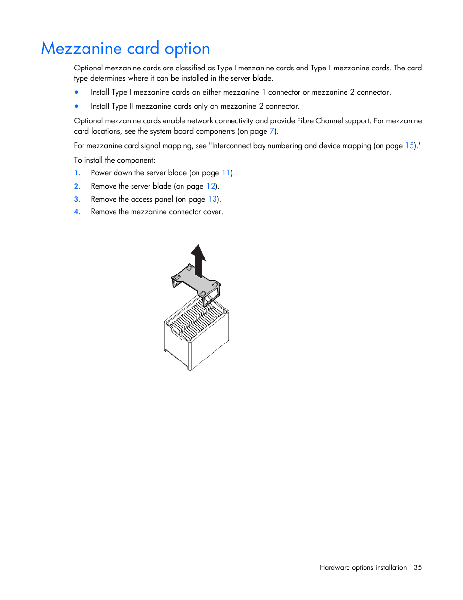 Mezzanine card option | HP ProLiant BL490c G7 Server-Blade User Manual | Page 35 / 94