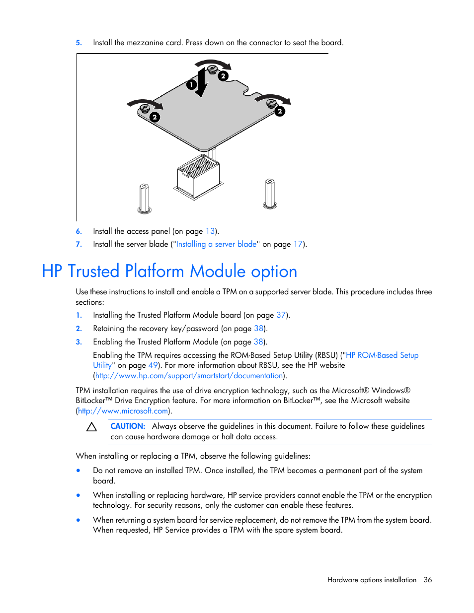 Hp trusted platform module option | HP ProLiant BL490c G7 Server-Blade User Manual | Page 36 / 94