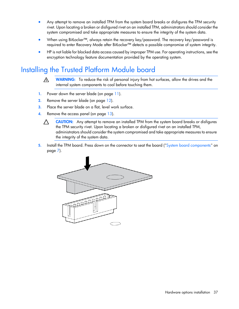 Installing the trusted platform module board | HP ProLiant BL490c G7 Server-Blade User Manual | Page 37 / 94