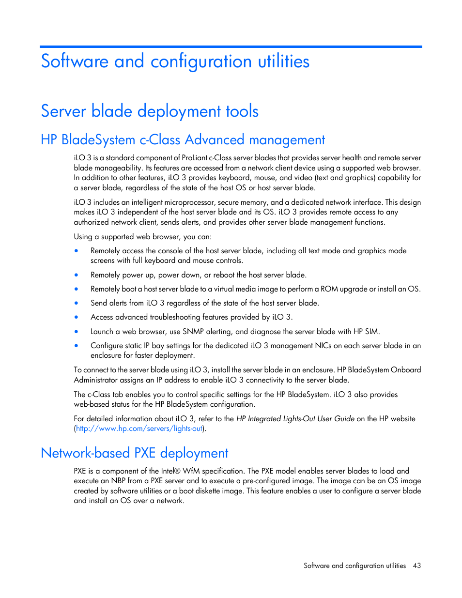 Software and configuration utilities, Server blade deployment tools, Hp bladesystem c-class advanced management | Network-based pxe deployment | HP ProLiant BL490c G7 Server-Blade User Manual | Page 43 / 94