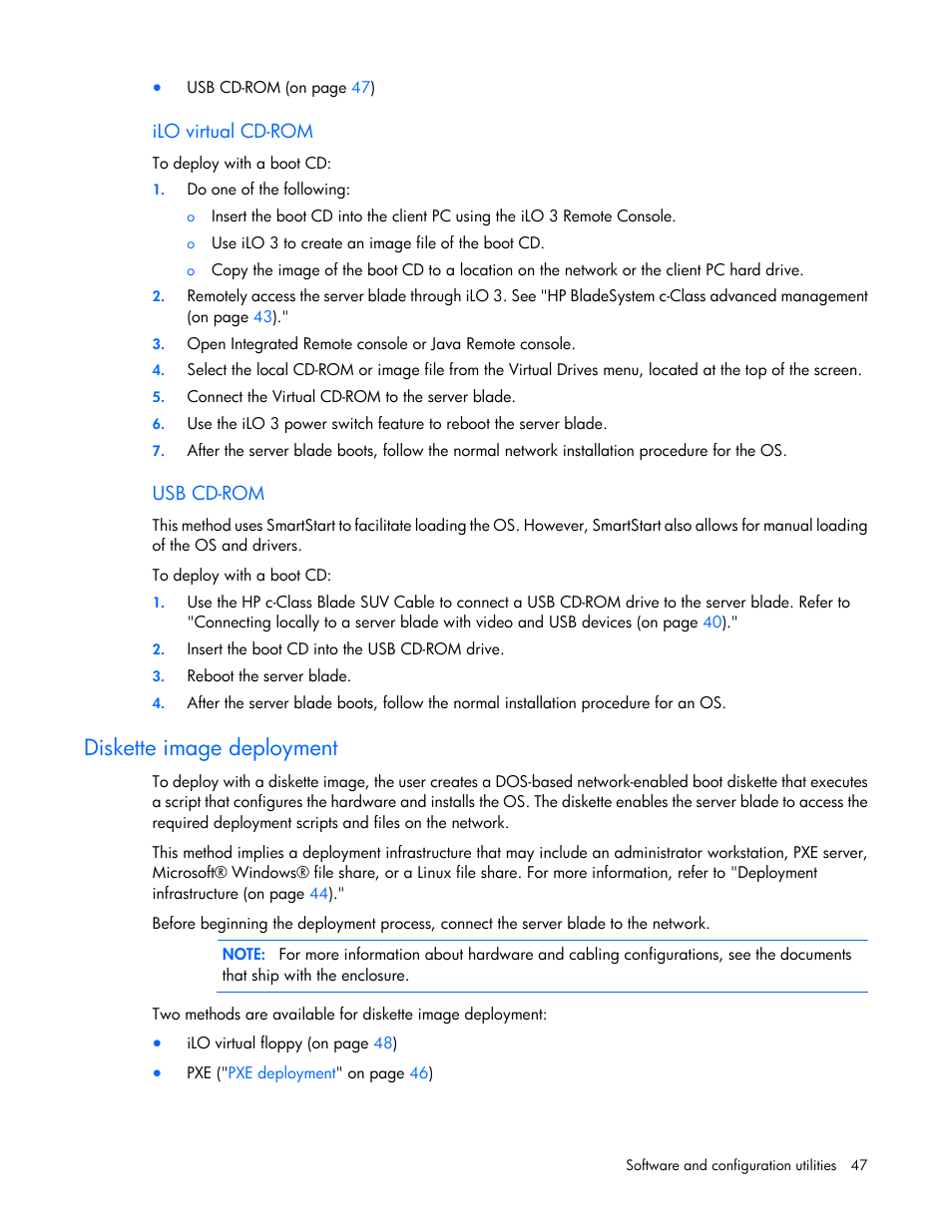 Ilo virtual cd-rom, Usb cd-rom, Diskette image deployment | HP ProLiant BL490c G7 Server-Blade User Manual | Page 47 / 94