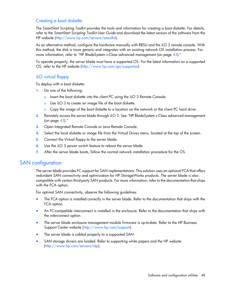 Creating a boot diskette, Ilo virtual floppy, San configuration | HP ProLiant BL490c G7 Server-Blade User Manual | Page 48 / 94