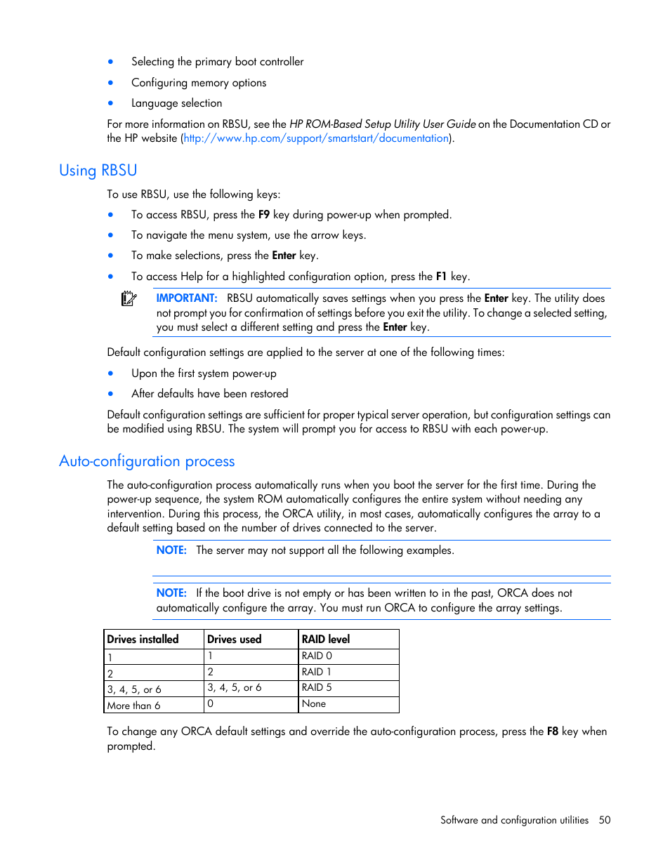 Using rbsu, Auto-configuration process | HP ProLiant BL490c G7 Server-Blade User Manual | Page 50 / 94