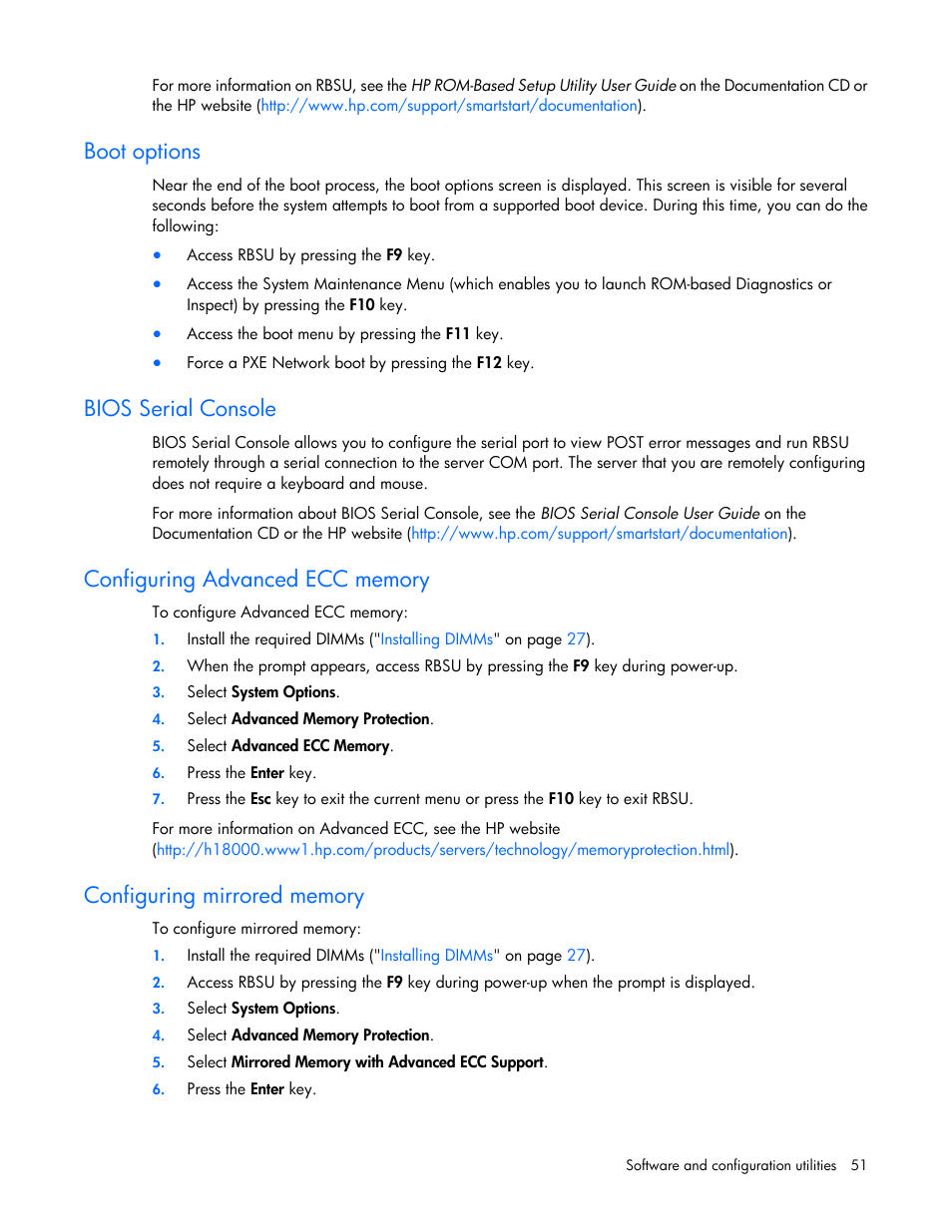 Boot options, Bios serial console, Configuring advanced ecc memory | Configuring mirrored memory, Configuring, Mirrored memory | HP ProLiant BL490c G7 Server-Blade User Manual | Page 51 / 94