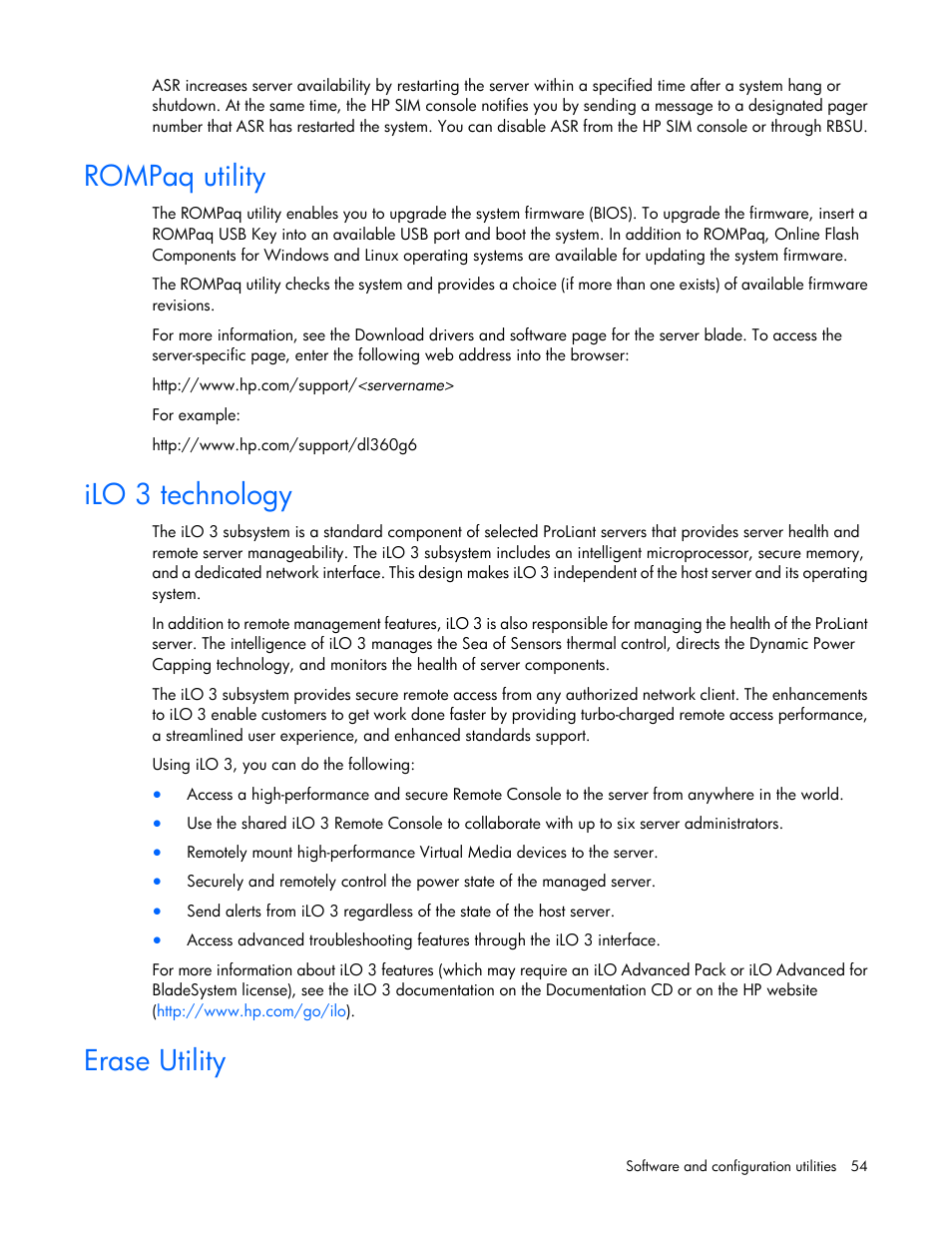 Rompaq utility, Ilo 3 technology, Erase utility | HP ProLiant BL490c G7 Server-Blade User Manual | Page 54 / 94