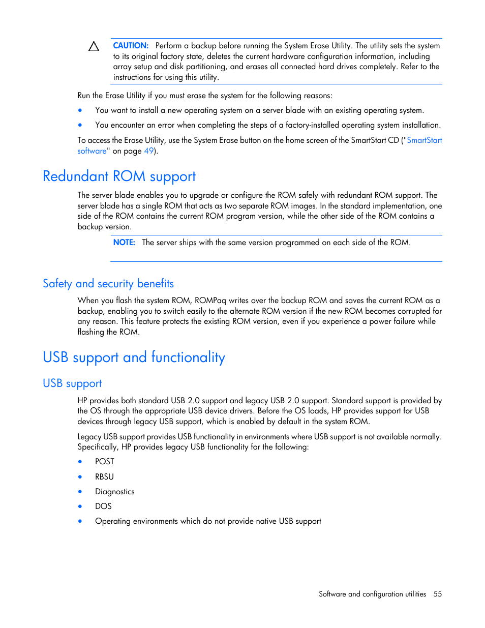 Redundant rom support, Safety and security benefits, Usb support and functionality | Usb support | HP ProLiant BL490c G7 Server-Blade User Manual | Page 55 / 94