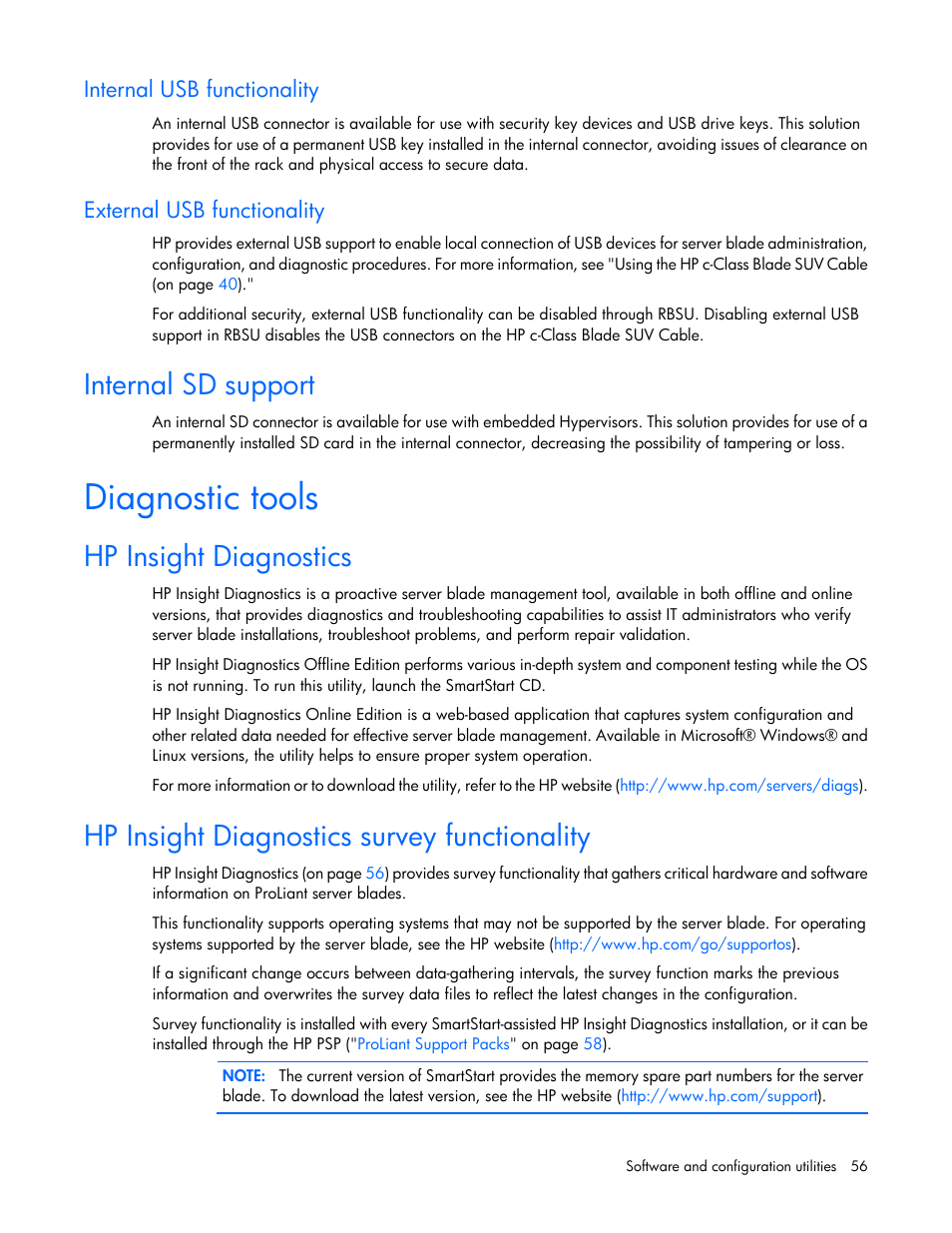 Internal usb functionality, External usb functionality, Internal sd support | Diagnostic tools, Hp insight diagnostics, Hp insight diagnostics survey functionality | HP ProLiant BL490c G7 Server-Blade User Manual | Page 56 / 94
