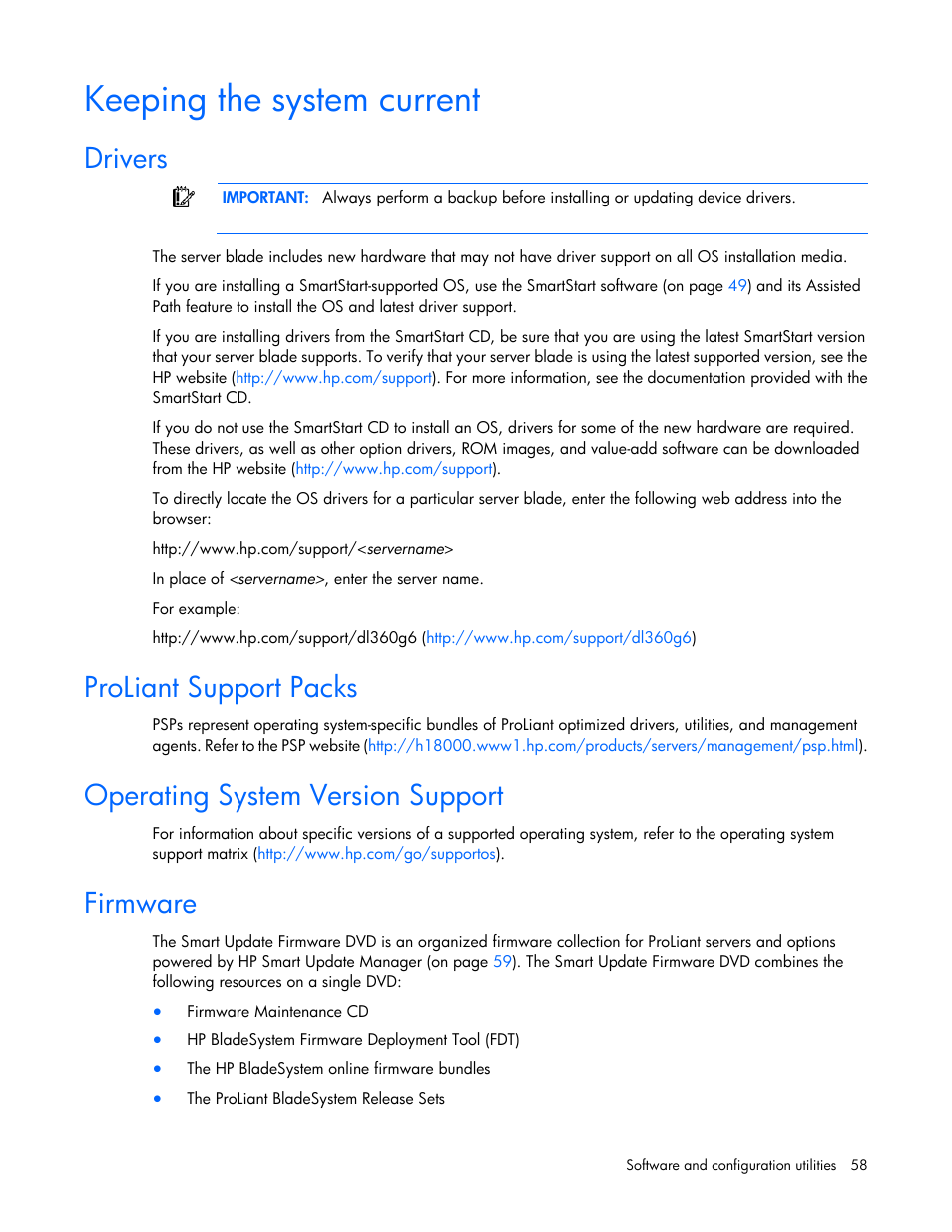 Keeping the system current, Drivers, Proliant support packs | Operating system version support, Firmware | HP ProLiant BL490c G7 Server-Blade User Manual | Page 58 / 94