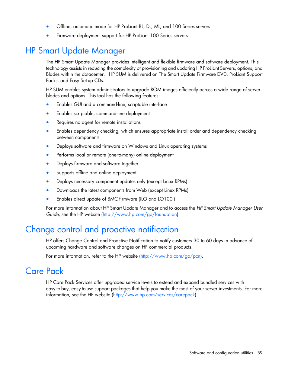 Hp smart update manager, Change control and proactive notification, Care pack | HP ProLiant BL490c G7 Server-Blade User Manual | Page 59 / 94