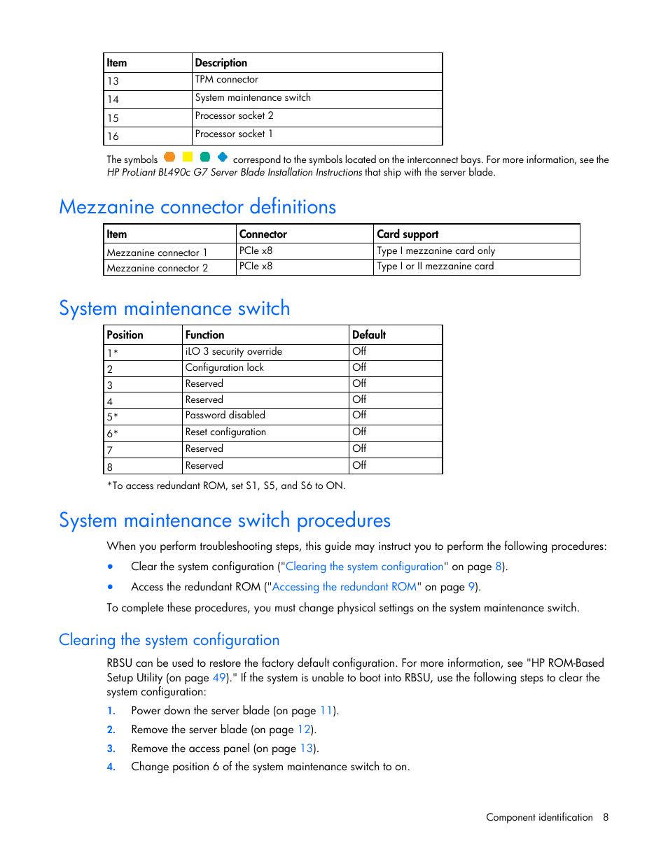 Mezzanine connector definitions, System maintenance switch, System maintenance switch procedures | Clearing the system configuration | HP ProLiant BL490c G7 Server-Blade User Manual | Page 8 / 94