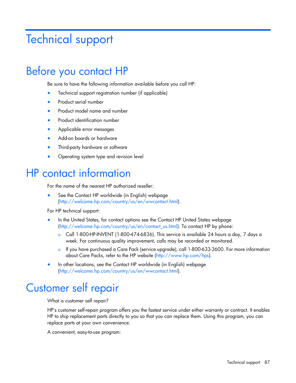 Technical support, Before you contact hp, Hp contact information | Customer self repair | HP ProLiant BL490c G7 Server-Blade User Manual | Page 87 / 94