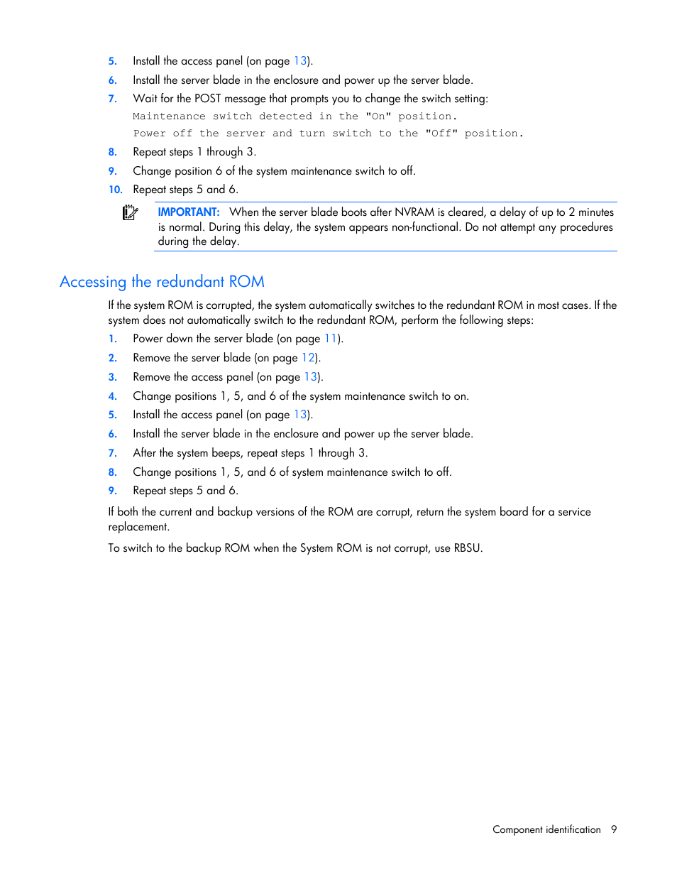 Accessing the redundant rom | HP ProLiant BL490c G7 Server-Blade User Manual | Page 9 / 94