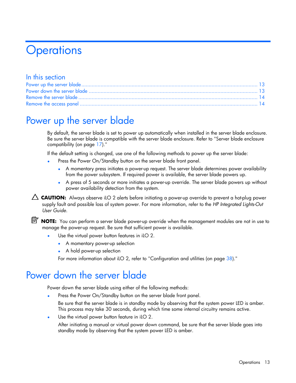 Operations, Power up the server blade, Power down the server blade | HP ProLiant BL25p G2 Server-Blade User Manual | Page 13 / 99