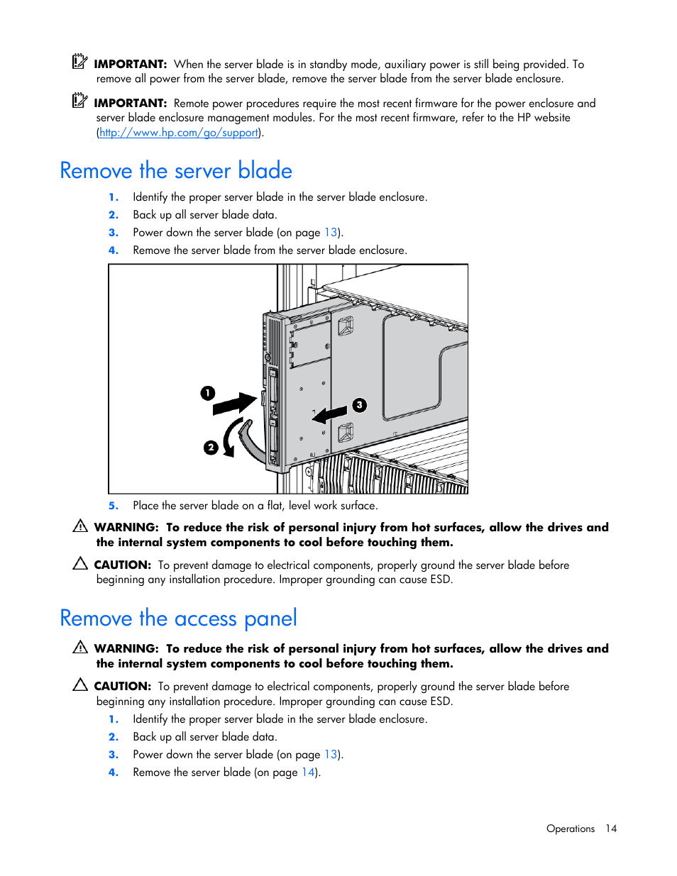 Remove the server blade, Remove the access panel | HP ProLiant BL25p G2 Server-Blade User Manual | Page 14 / 99