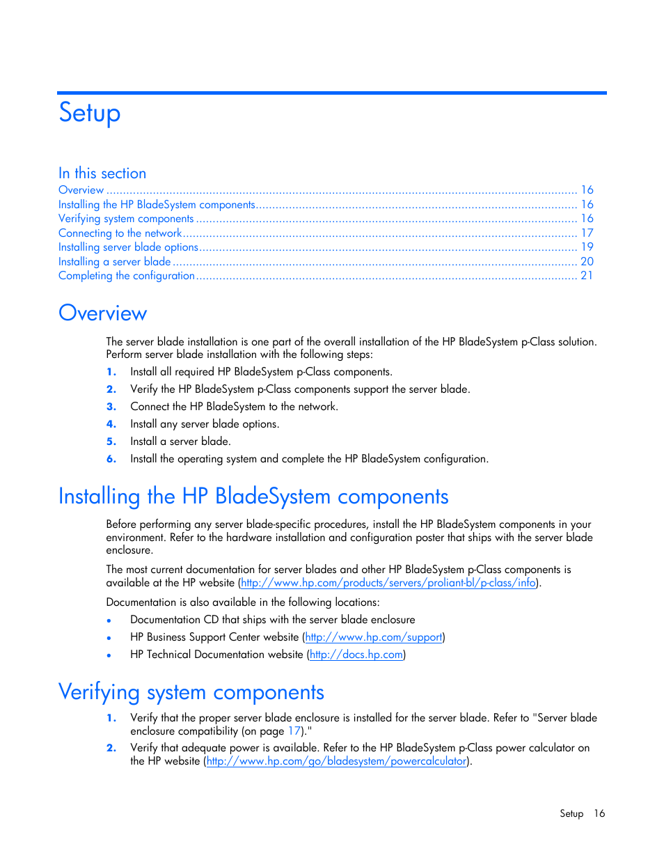 Setup, Overview, Installing the hp bladesystem components | Verifying system components | HP ProLiant BL25p G2 Server-Blade User Manual | Page 16 / 99