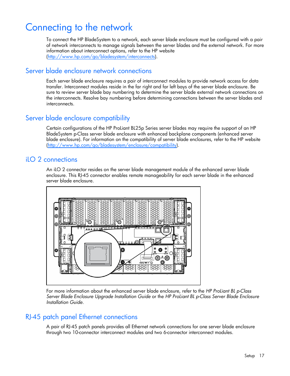 Connecting to the network, Server blade enclosure network connections, Server blade enclosure compatibility | Ilo 2 connections, Rj-45 patch panel ethernet connections | HP ProLiant BL25p G2 Server-Blade User Manual | Page 17 / 99