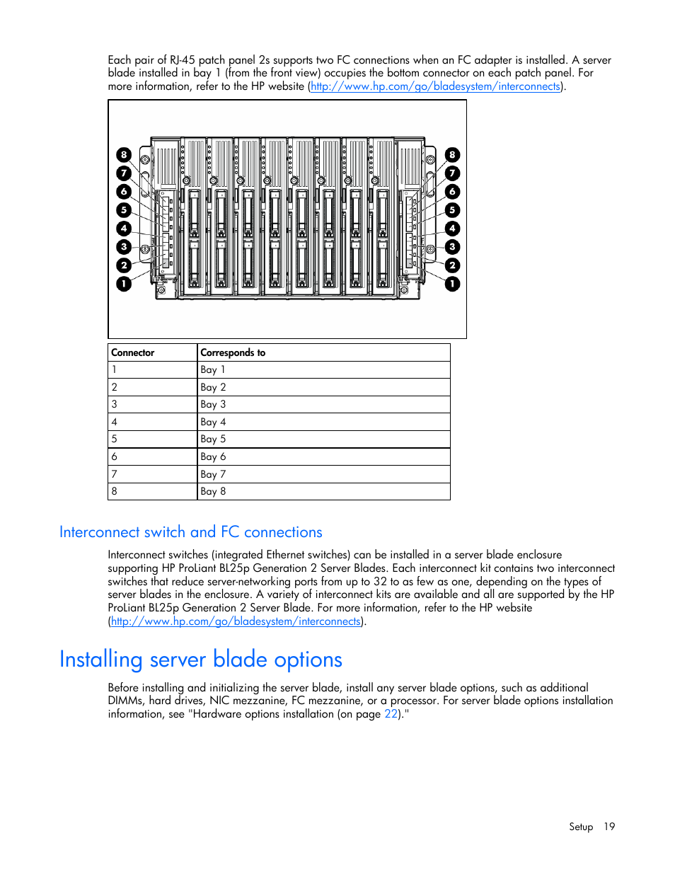 Interconnect switch and fc connections, Installing server blade options | HP ProLiant BL25p G2 Server-Blade User Manual | Page 19 / 99