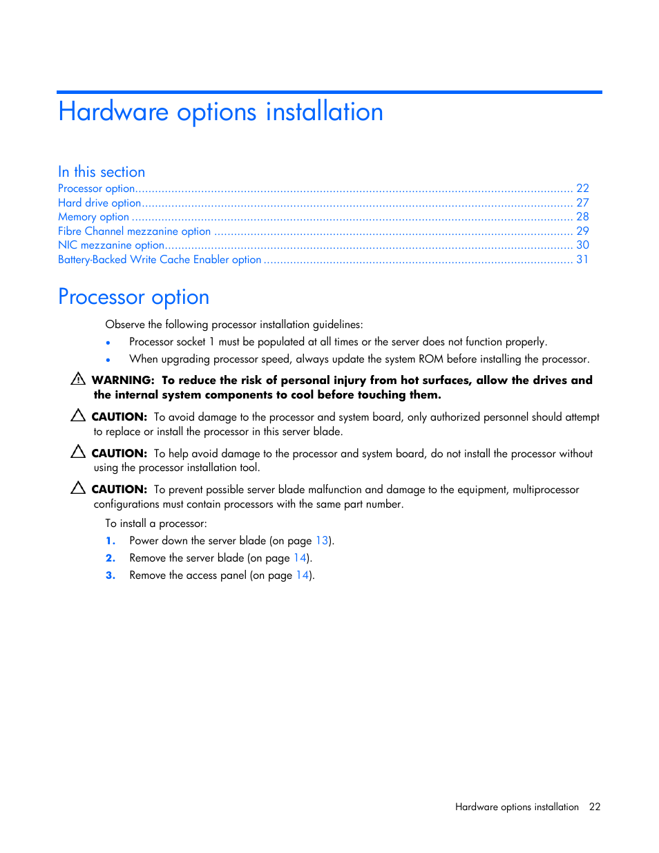 Hardware options installation, Processor option | HP ProLiant BL25p G2 Server-Blade User Manual | Page 22 / 99