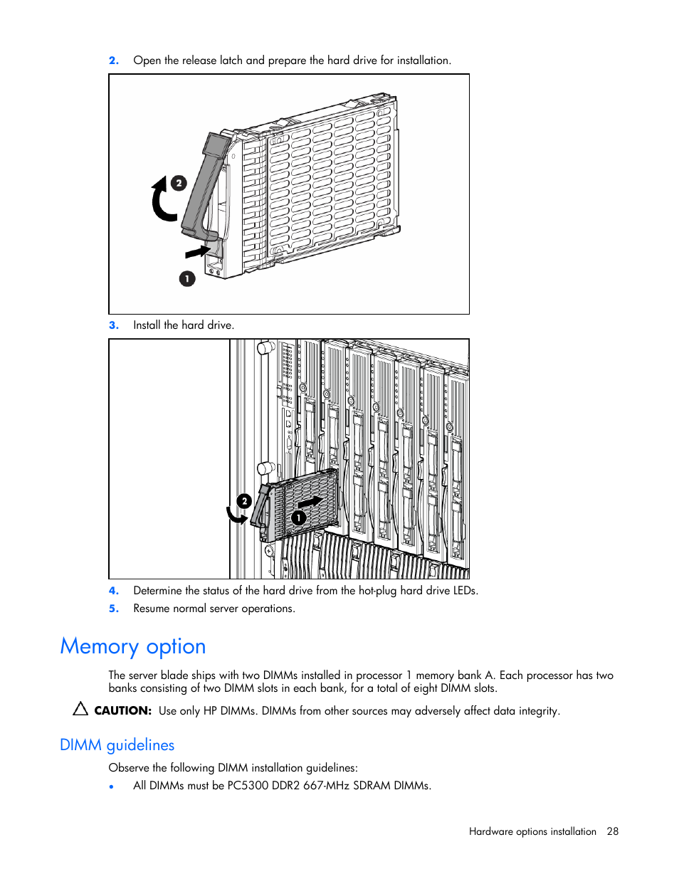 Memory option, Dimm guidelines | HP ProLiant BL25p G2 Server-Blade User Manual | Page 28 / 99