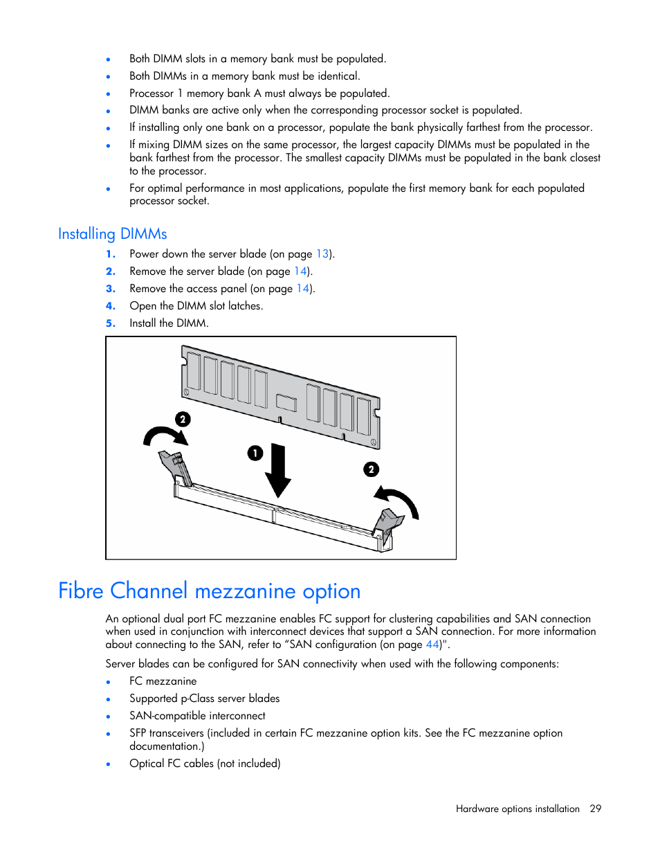 Installing dimms, Fibre channel mezzanine option | HP ProLiant BL25p G2 Server-Blade User Manual | Page 29 / 99