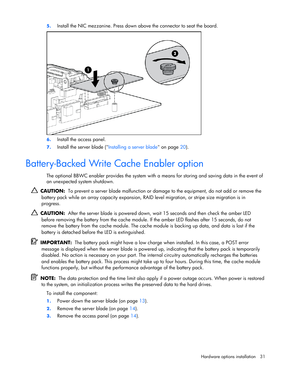 Battery-backed write cache enabler option | HP ProLiant BL25p G2 Server-Blade User Manual | Page 31 / 99