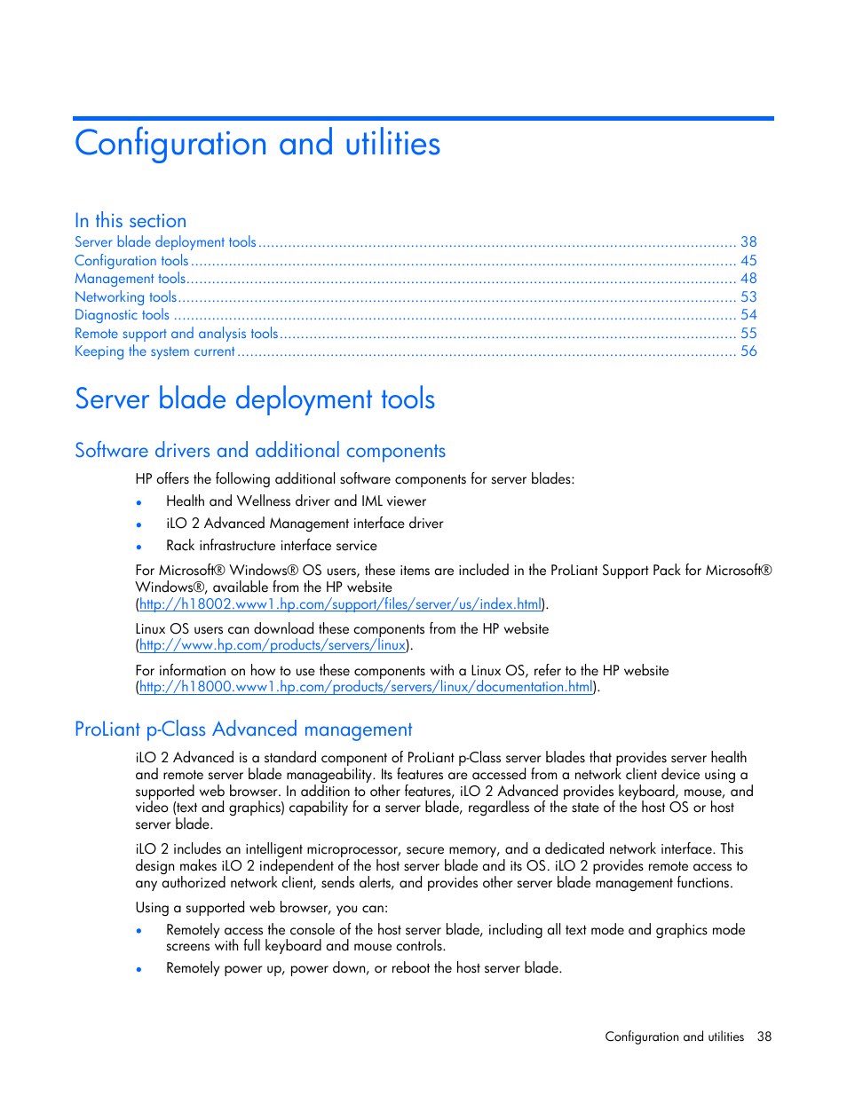 Configuration and utilities, Server blade deployment tools, Software drivers and additional components | Proliant pclass advanced management, Proliant p-class advanced management | HP ProLiant BL25p G2 Server-Blade User Manual | Page 38 / 99