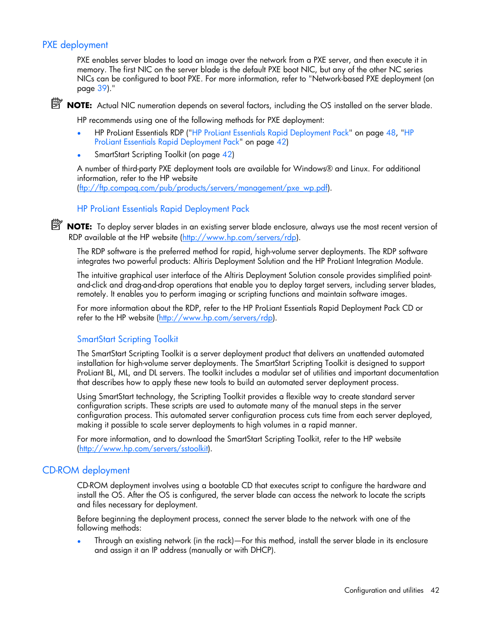 Pxe deployment, Cd-rom deployment | HP ProLiant BL25p G2 Server-Blade User Manual | Page 42 / 99