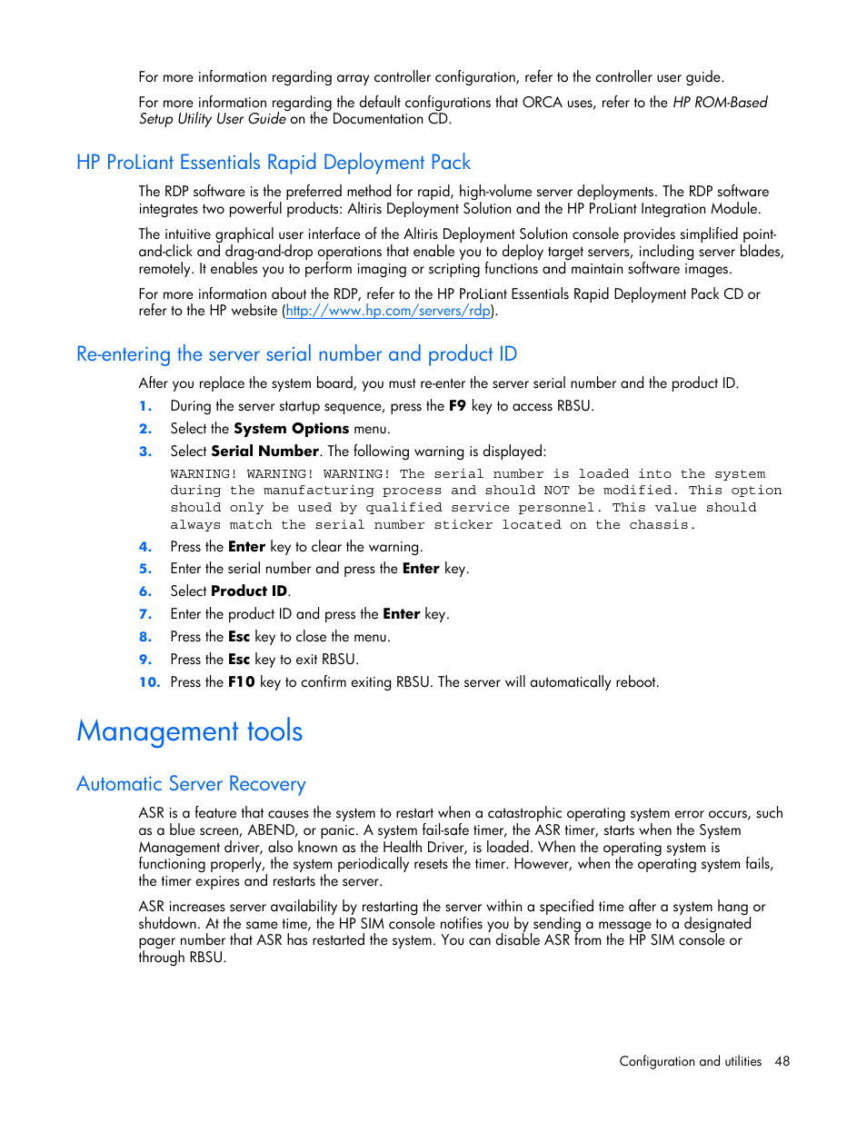 Hp proliant essentials rapid deployment pack, Management tools, Automatic server recovery | HP ProLiant BL25p G2 Server-Blade User Manual | Page 48 / 99