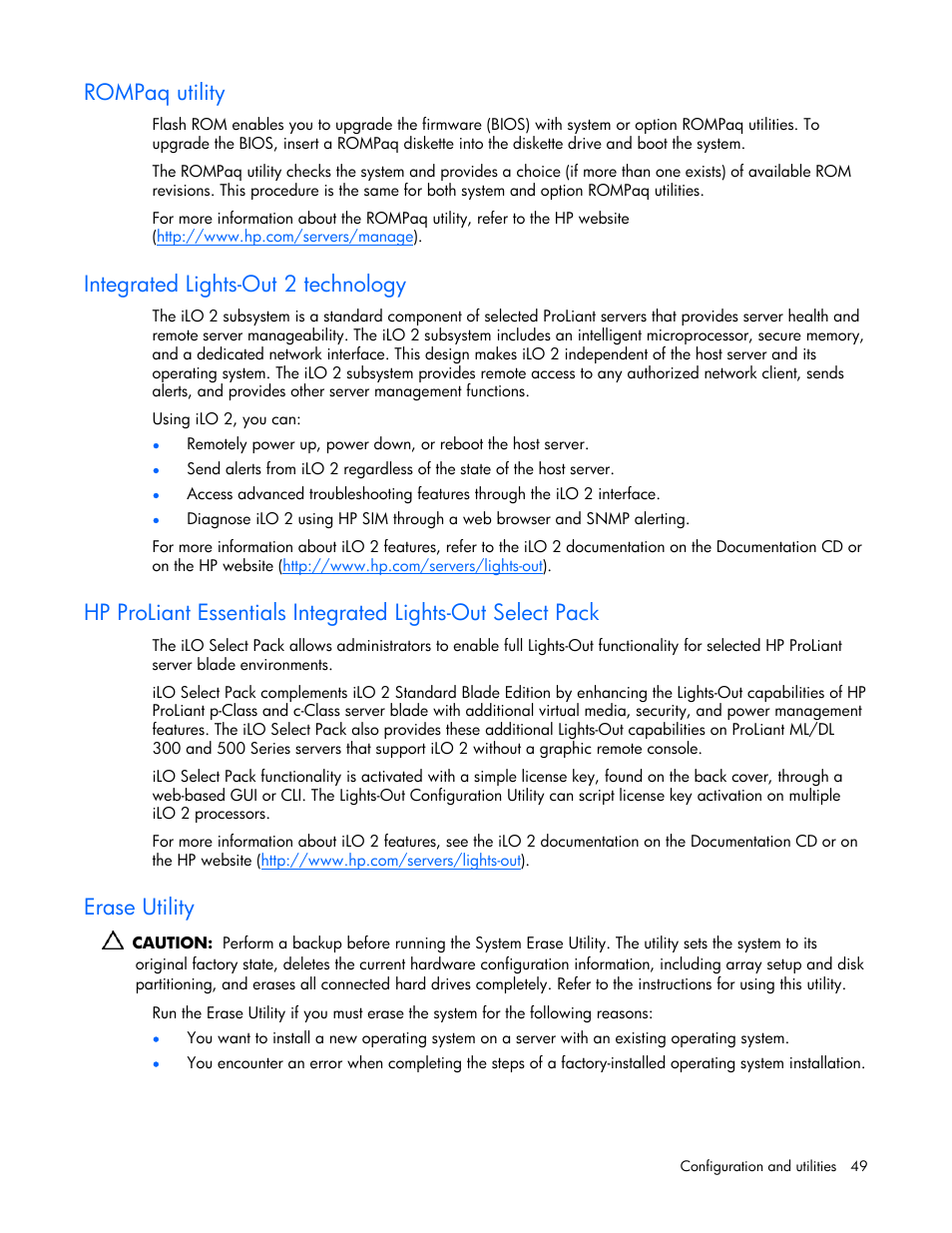 Rompaq utility, Integrated lights-out 2 technology, Erase utility | HP ProLiant BL25p G2 Server-Blade User Manual | Page 49 / 99