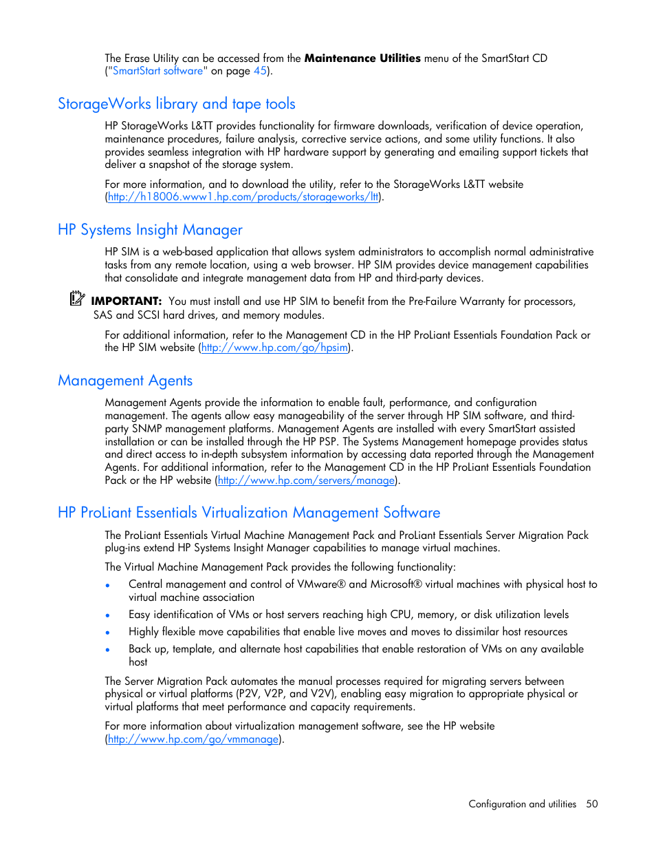 Storageworks library and tape tools, Hp systems insight manager, Management agents | HP ProLiant BL25p G2 Server-Blade User Manual | Page 50 / 99