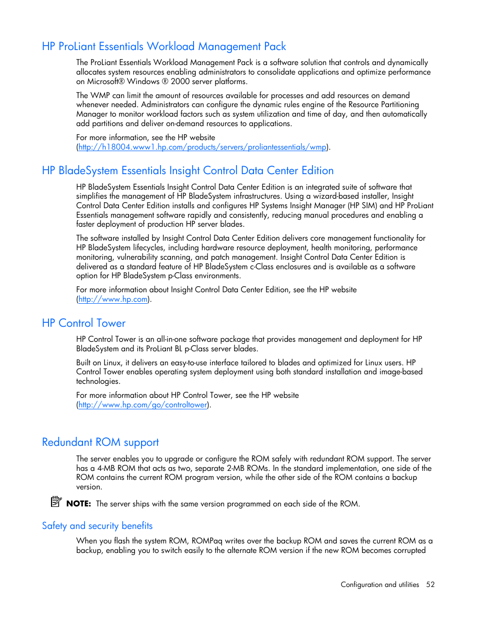 Hp proliant essentials workload management pack, Hp control tower, Redundant rom support | Safety and security benefits | HP ProLiant BL25p G2 Server-Blade User Manual | Page 52 / 99