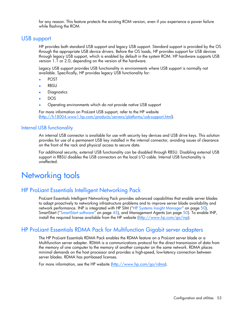 Usb support, Internal usb functionality, Networking tools | Hp proliant essentials intelligent networking pack | HP ProLiant BL25p G2 Server-Blade User Manual | Page 53 / 99