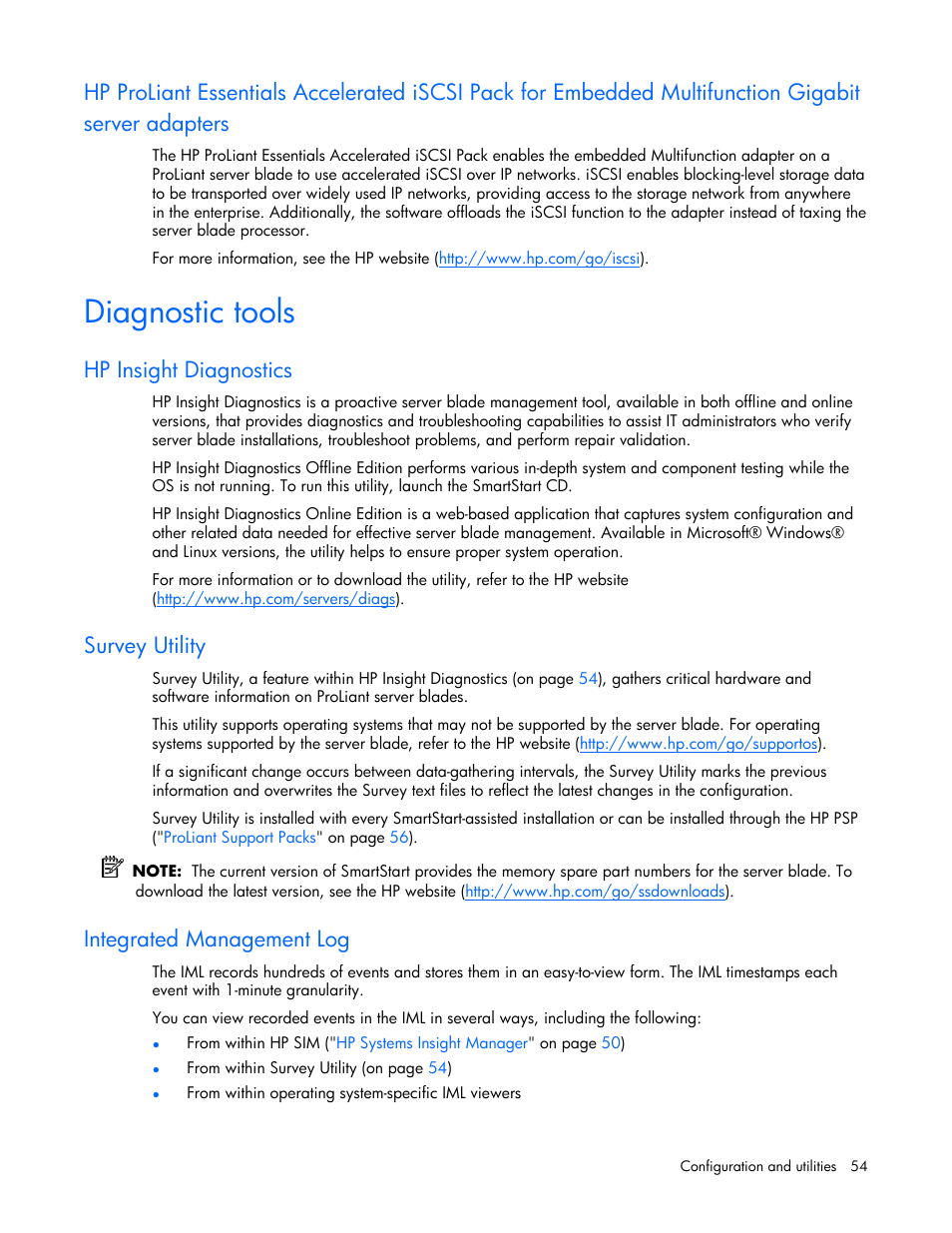 Diagnostic tools, Hp insight diagnostics, Survey utility | Integrated management log | HP ProLiant BL25p G2 Server-Blade User Manual | Page 54 / 99