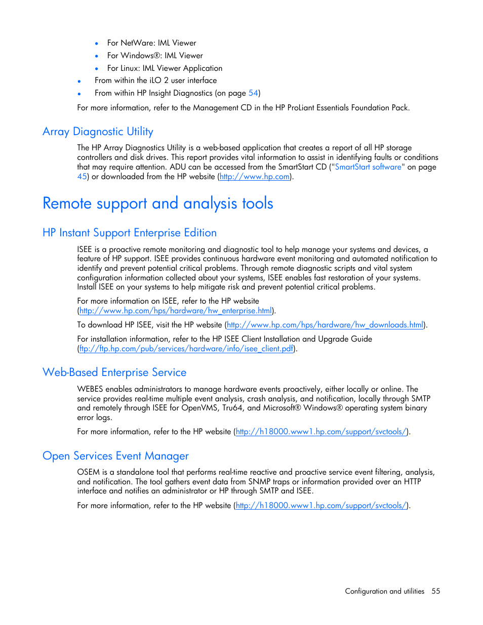 Array diagnostic utility, Remote support and analysis tools, Hp instant support enterprise edition | Web-based enterprise service, Open services event manager | HP ProLiant BL25p G2 Server-Blade User Manual | Page 55 / 99