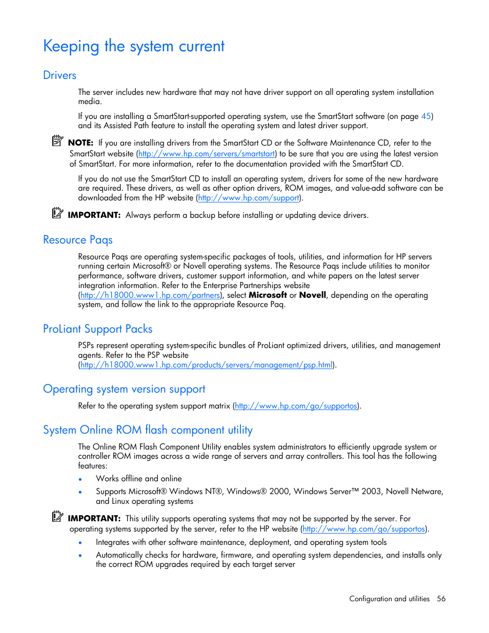 Keeping the system current, Drivers, Resource paqs | Proliant support packs, Operating system version support, System online rom flash component utility | HP ProLiant BL25p G2 Server-Blade User Manual | Page 56 / 99