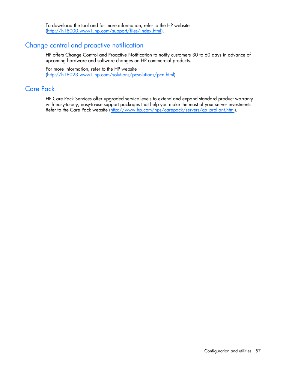 Change control and proactive notification, Care pack | HP ProLiant BL25p G2 Server-Blade User Manual | Page 57 / 99