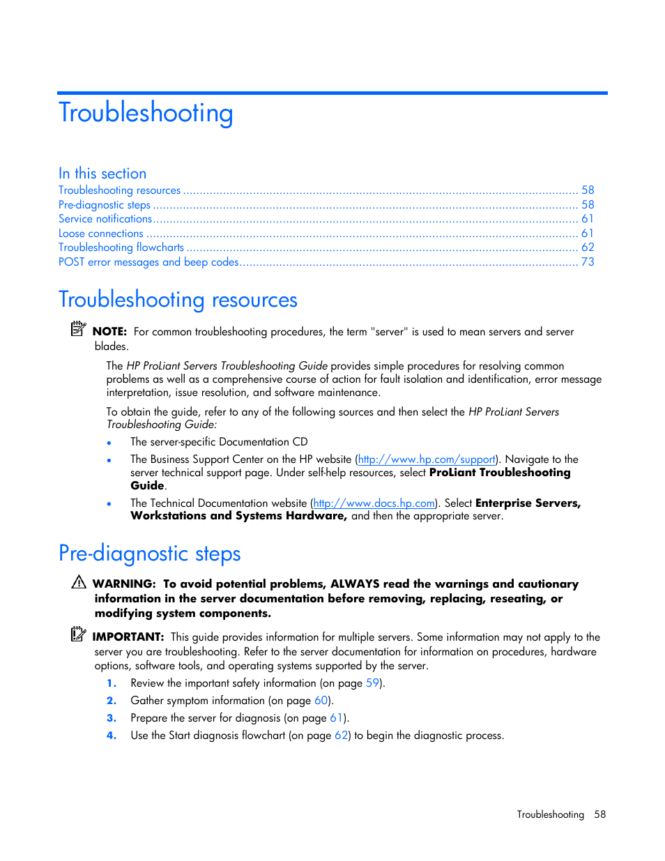 Troubleshooting, Troubleshooting resources, Pre-diagnostic steps | HP ProLiant BL25p G2 Server-Blade User Manual | Page 58 / 99