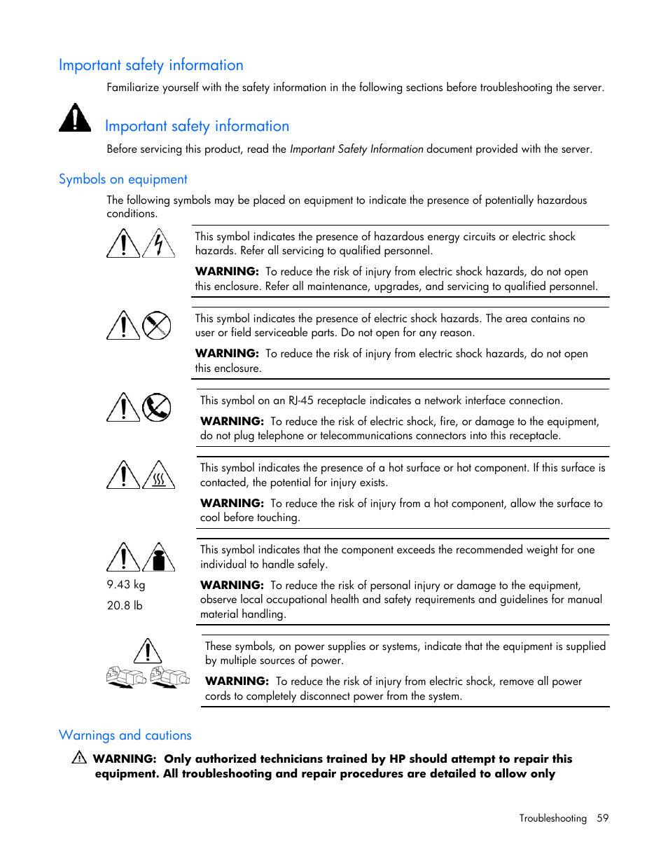 Important safety information, Symbols on equipment, Warnings and cautions | HP ProLiant BL25p G2 Server-Blade User Manual | Page 59 / 99