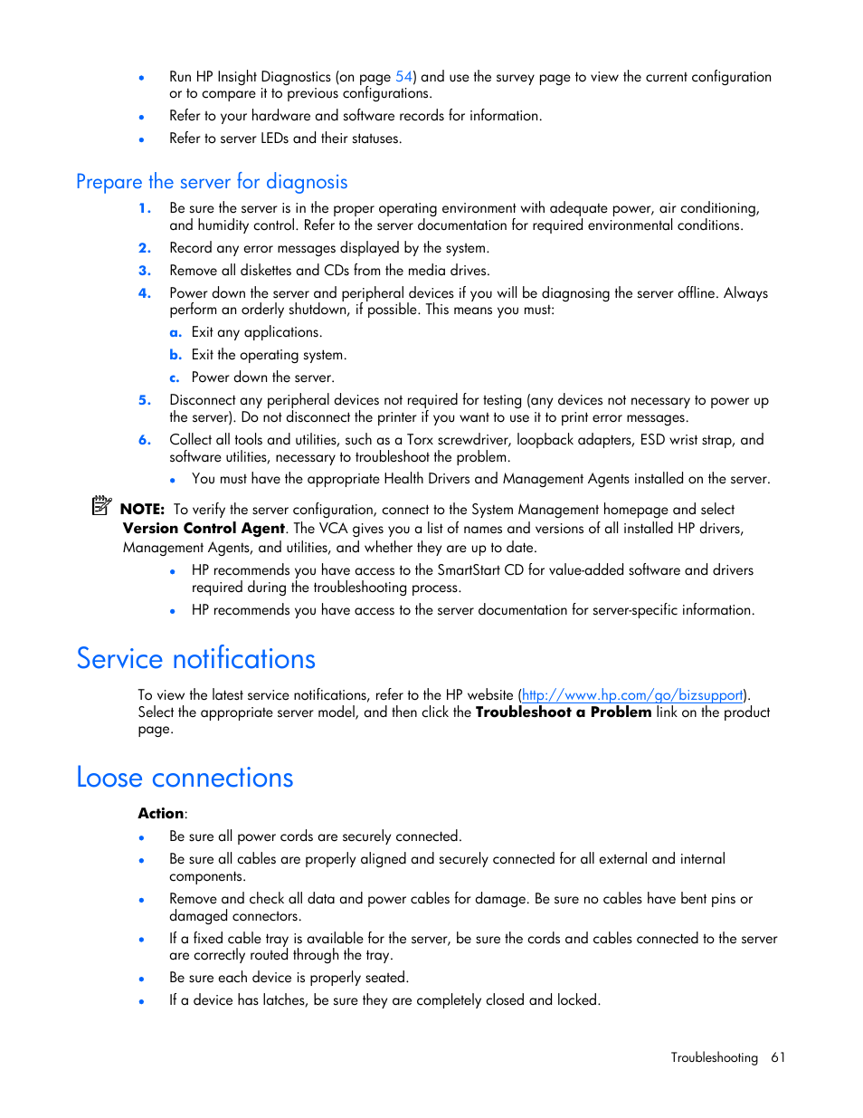 Prepare the server for diagnosis, Service notifications, Loose connections | HP ProLiant BL25p G2 Server-Blade User Manual | Page 61 / 99