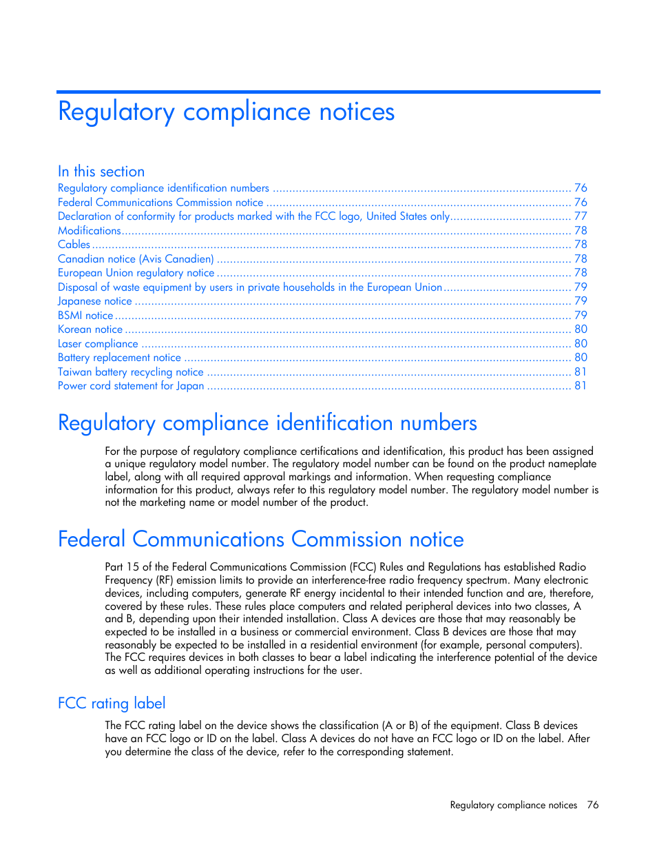 Regulatory compliance notices, Regulatory compliance identification numbers, Federal communications commission notice | Fcc rating label | HP ProLiant BL25p G2 Server-Blade User Manual | Page 76 / 99