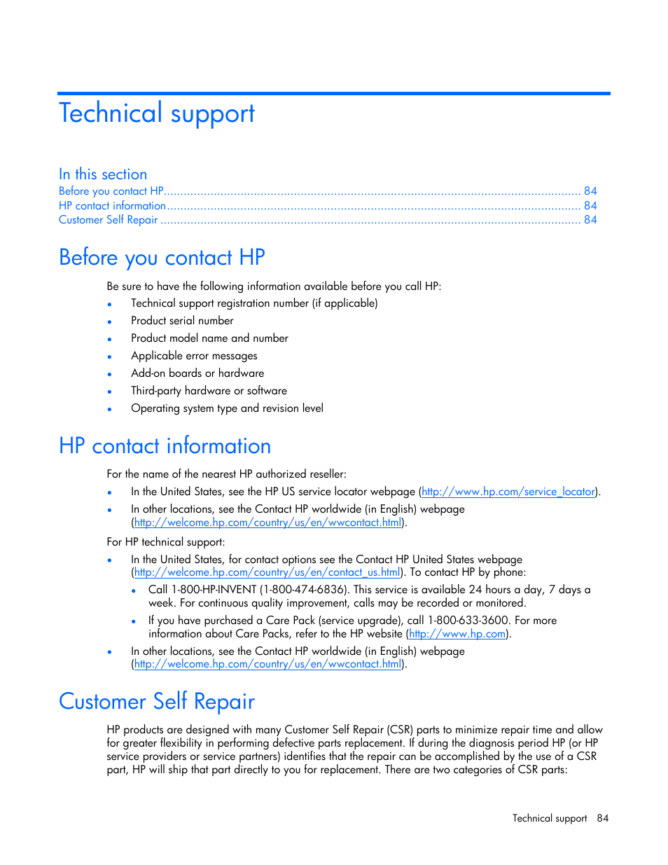 Technical support, Before you contact hp, Hp contact information | Customer self repair | HP ProLiant BL25p G2 Server-Blade User Manual | Page 84 / 99