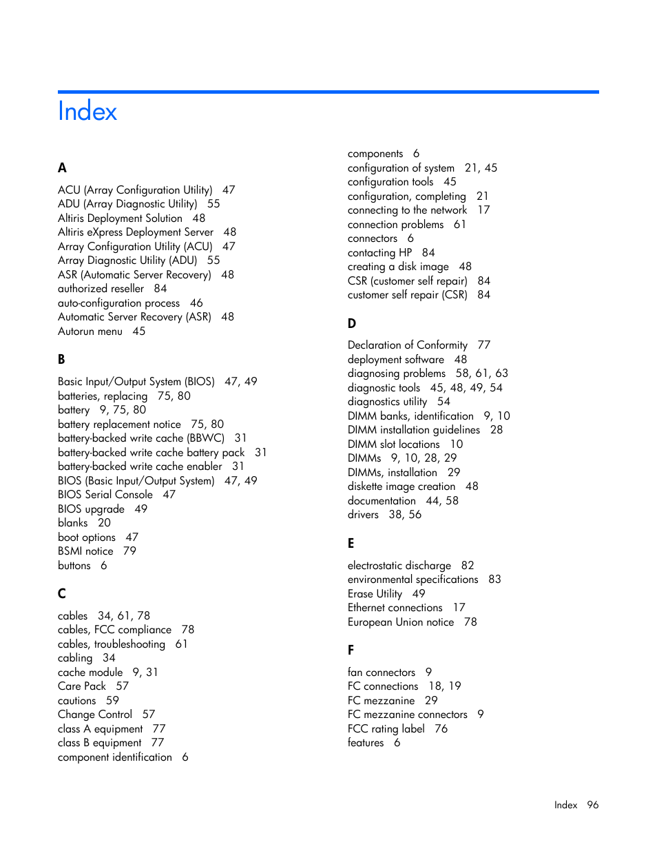 Index | HP ProLiant BL25p G2 Server-Blade User Manual | Page 96 / 99