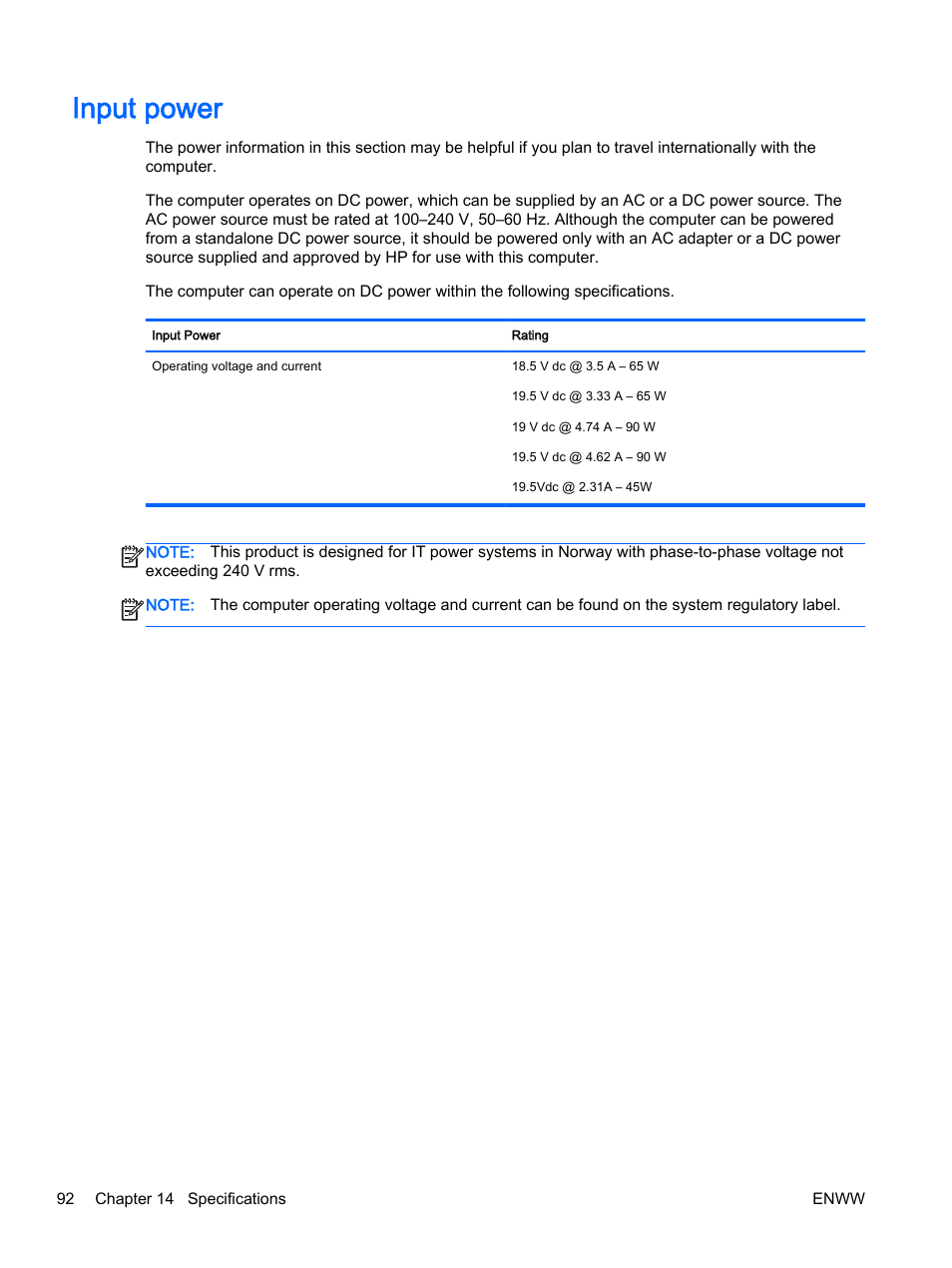Input power | HP EliteBook Revolve 810 G2 Tablet User Manual | Page 102 / 116