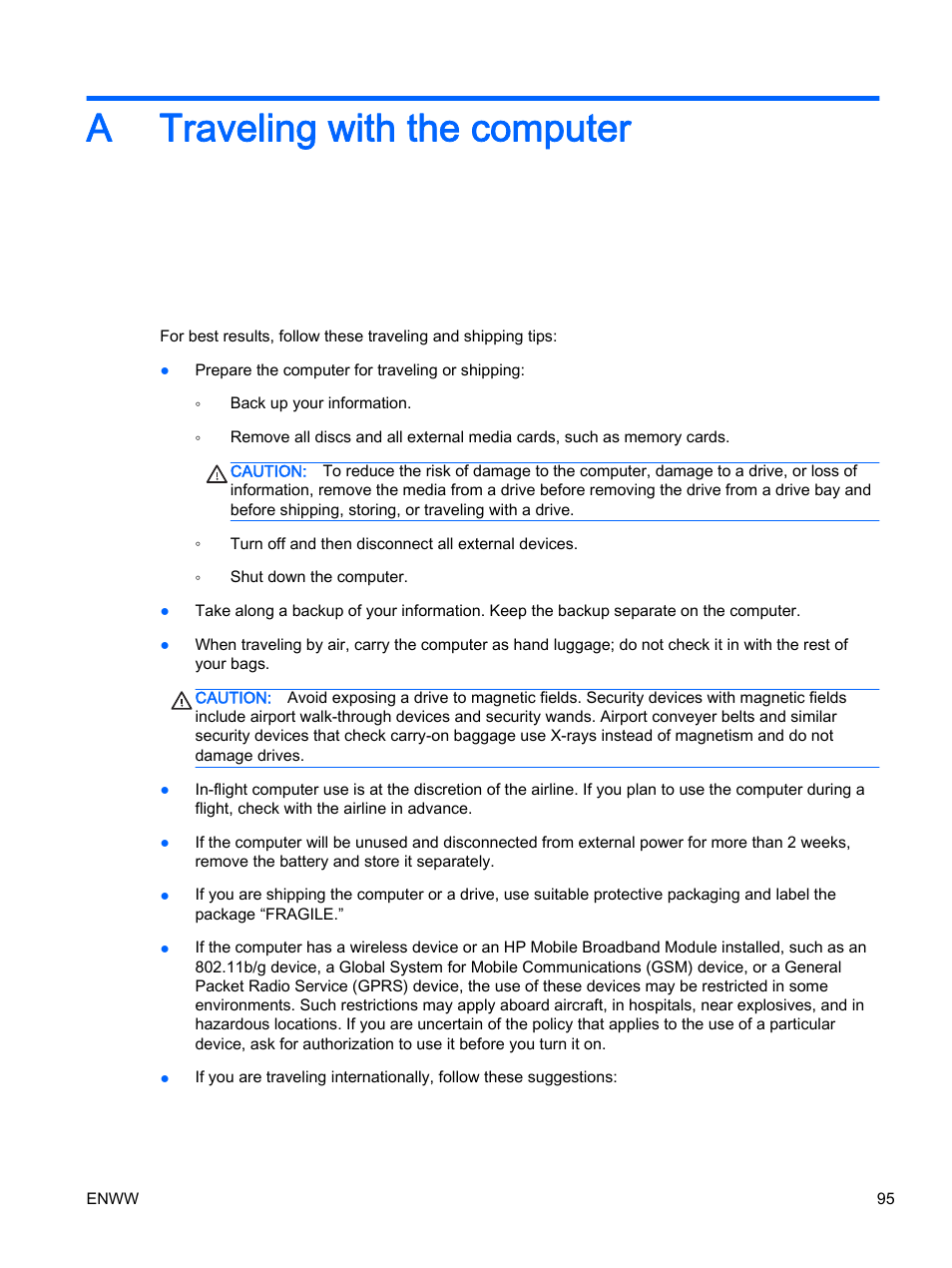 Traveling with the computer, Appendix a traveling with the computer, A traveling with the computer | HP EliteBook Revolve 810 G2 Tablet User Manual | Page 105 / 116